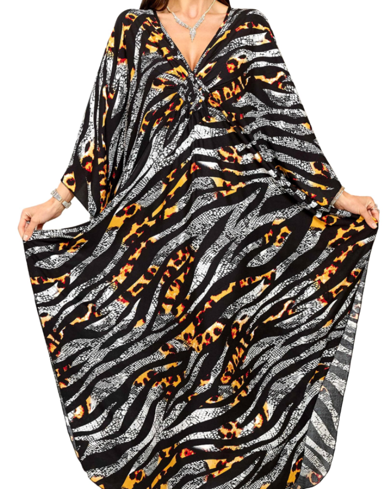 Yana Kaftan Mulher Tamanho Grande – Vestido de Praia Maxi em Viscose, Decote em V e Mangas Morcego Boémio