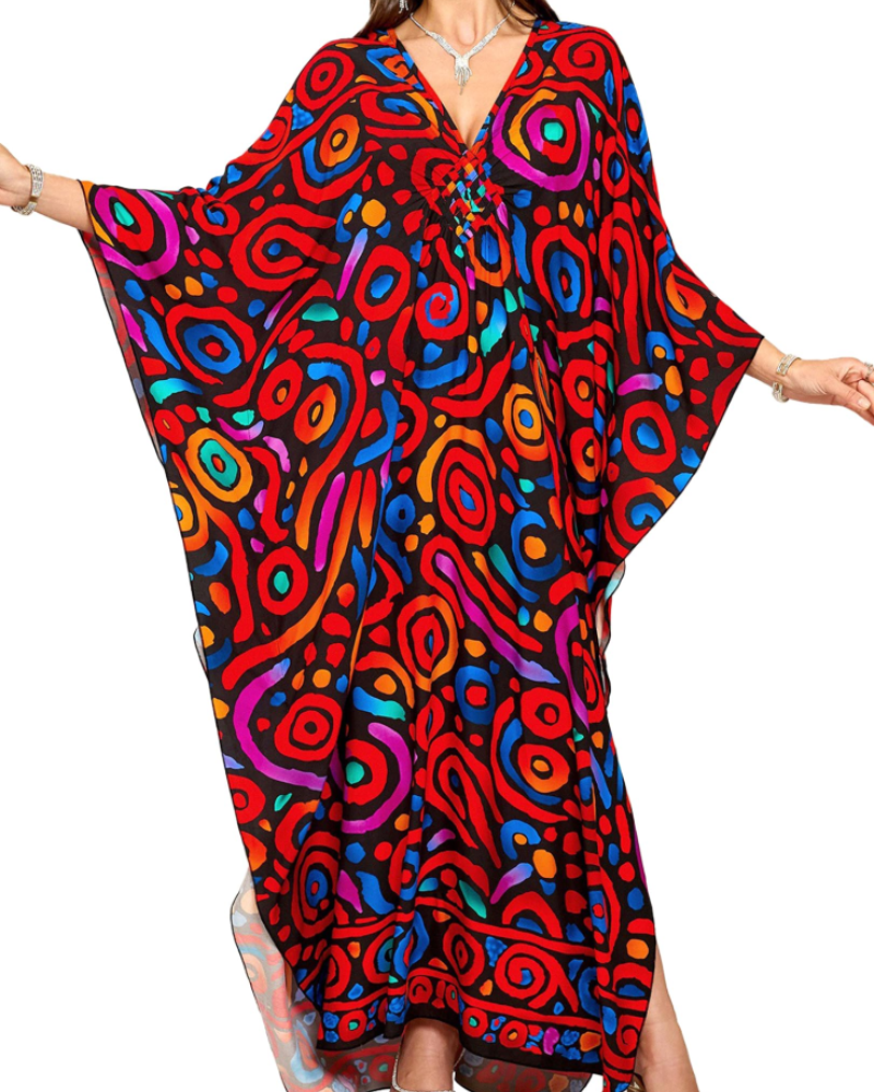 Yana Kaftan Mulher Tamanho Grande – Vestido de Praia Maxi em Viscose, Decote em V e Mangas Morcego Boémio