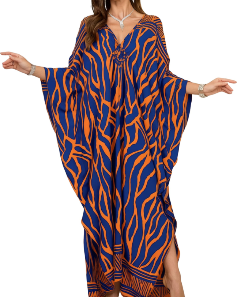 Yana Kaftan Mulher Tamanho Grande – Vestido de Praia Maxi em Viscose, Decote em V e Mangas Morcego Boémio