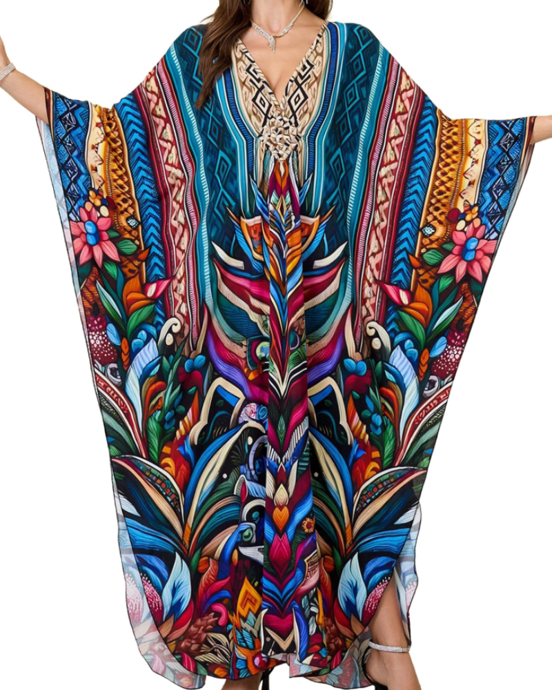 Yana Kaftan Mulher Tamanho Grande – Vestido de Praia Maxi em Viscose, Decote em V e Mangas Morcego Boémio
