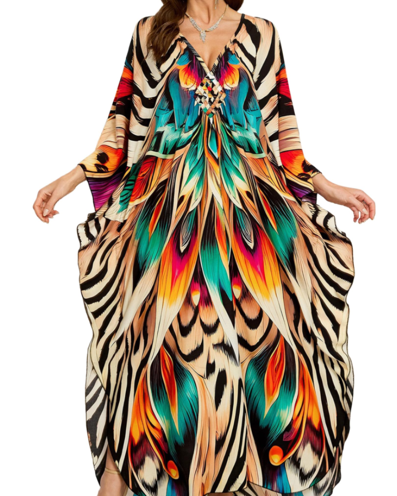 Yana Kaftan Mulher Tamanho Grande – Vestido de Praia Maxi em Viscose, Decote em V e Mangas Morcego Boémio