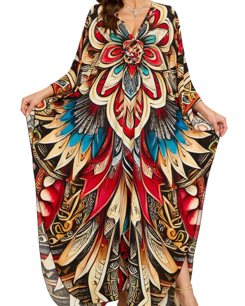 Yana Kaftan Mulher Tamanho Grande – Vestido de Praia Maxi em Viscose, Decote em V e Mangas Morcego Boémio