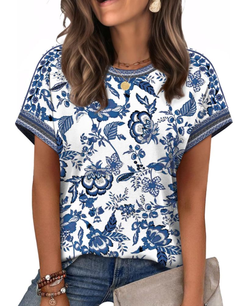 Zaria Top Femme – T-shirt Col Rond Casual Chic, Coupe Loose & Manches Courtes Été
