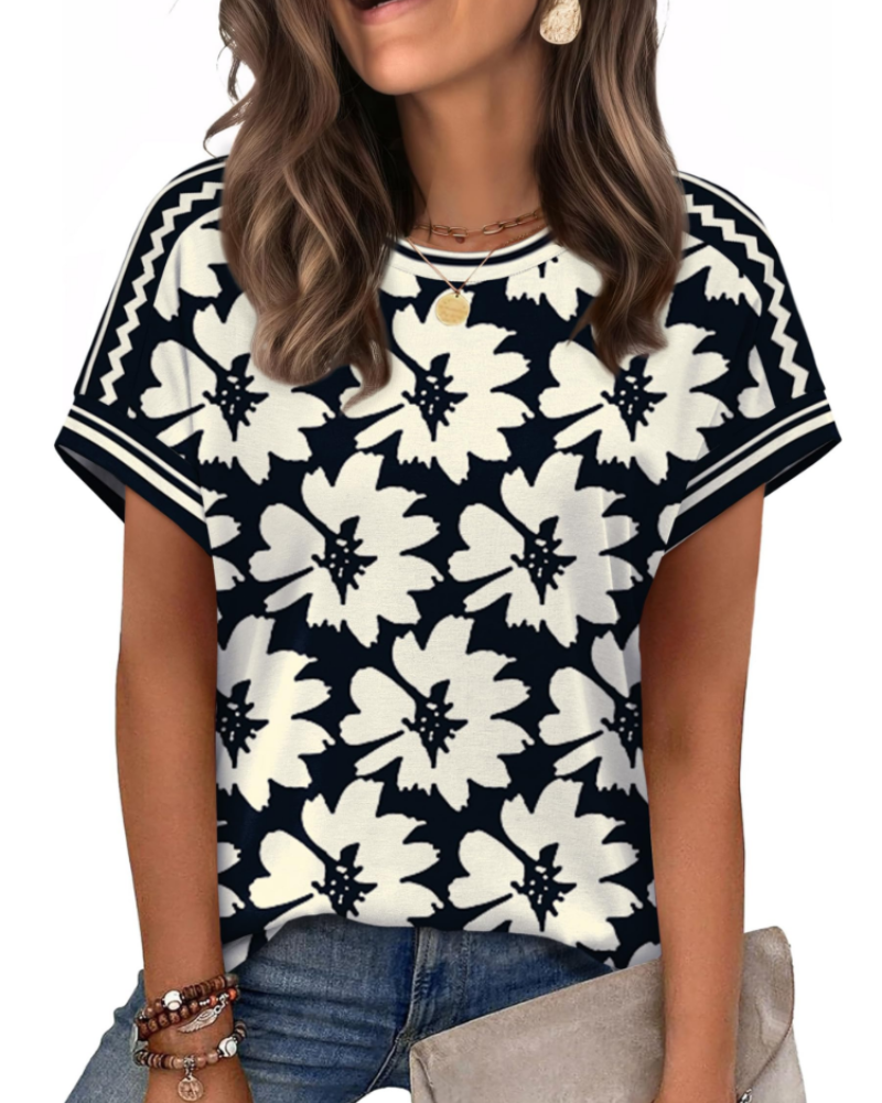 Zaria Top Femme – T-shirt Col Rond Casual Chic, Coupe Loose & Manches Courtes Été