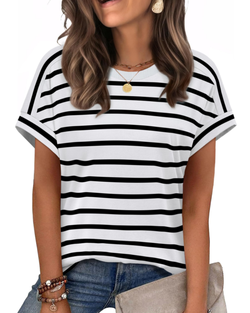 Zaria Top Femme – T-shirt Col Rond Casual Chic, Coupe Loose & Manches Courtes Été