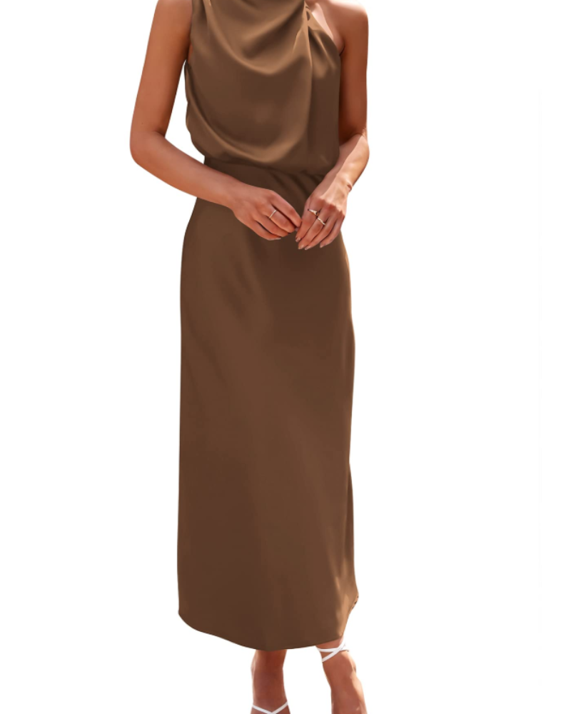 Vestido Zena para Mujer – Vestido Maxi Satinado con Cuello Alto, Corte Fluido Elegante para Noche
