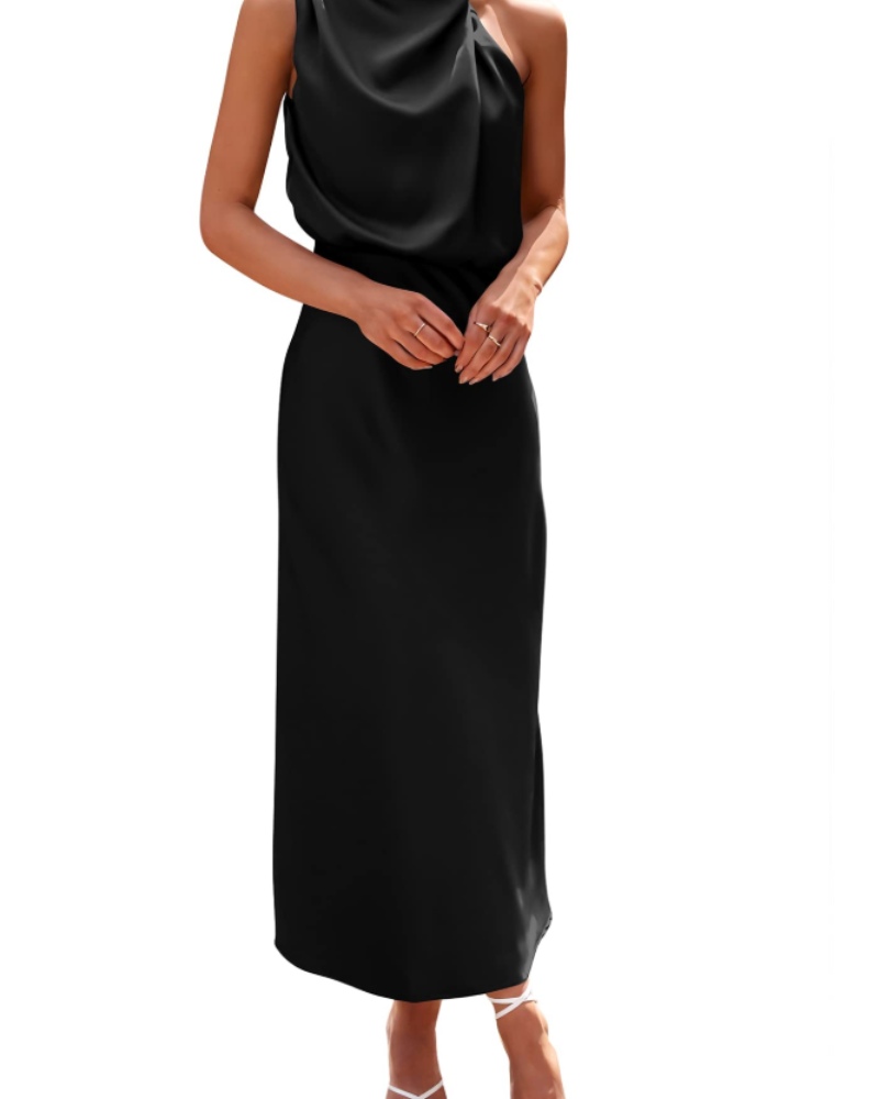 Vestido Zena para Mujer – Vestido Maxi Satinado con Cuello Alto, Corte Fluido Elegante para Noche
