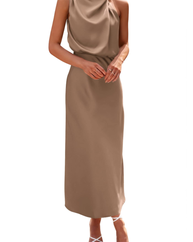 Vestido Zena para Mujer – Vestido Maxi Satinado con Cuello Alto, Corte Fluido Elegante para Noche