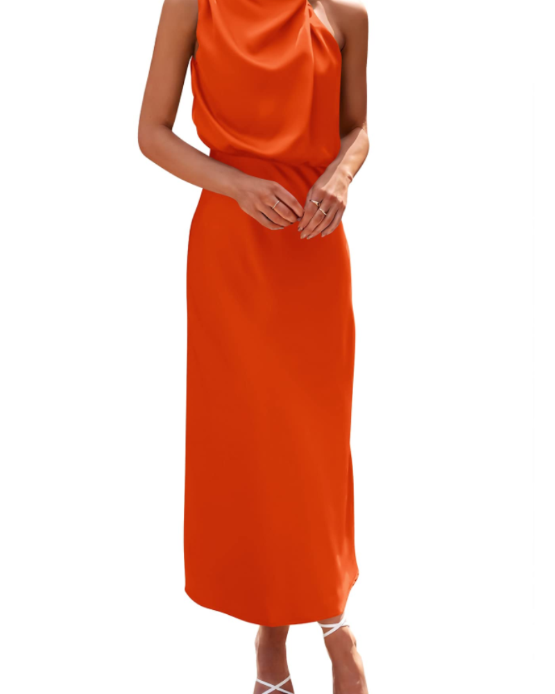 Vestido Zena para Mujer – Vestido Maxi Satinado con Cuello Alto, Corte Fluido Elegante para Noche