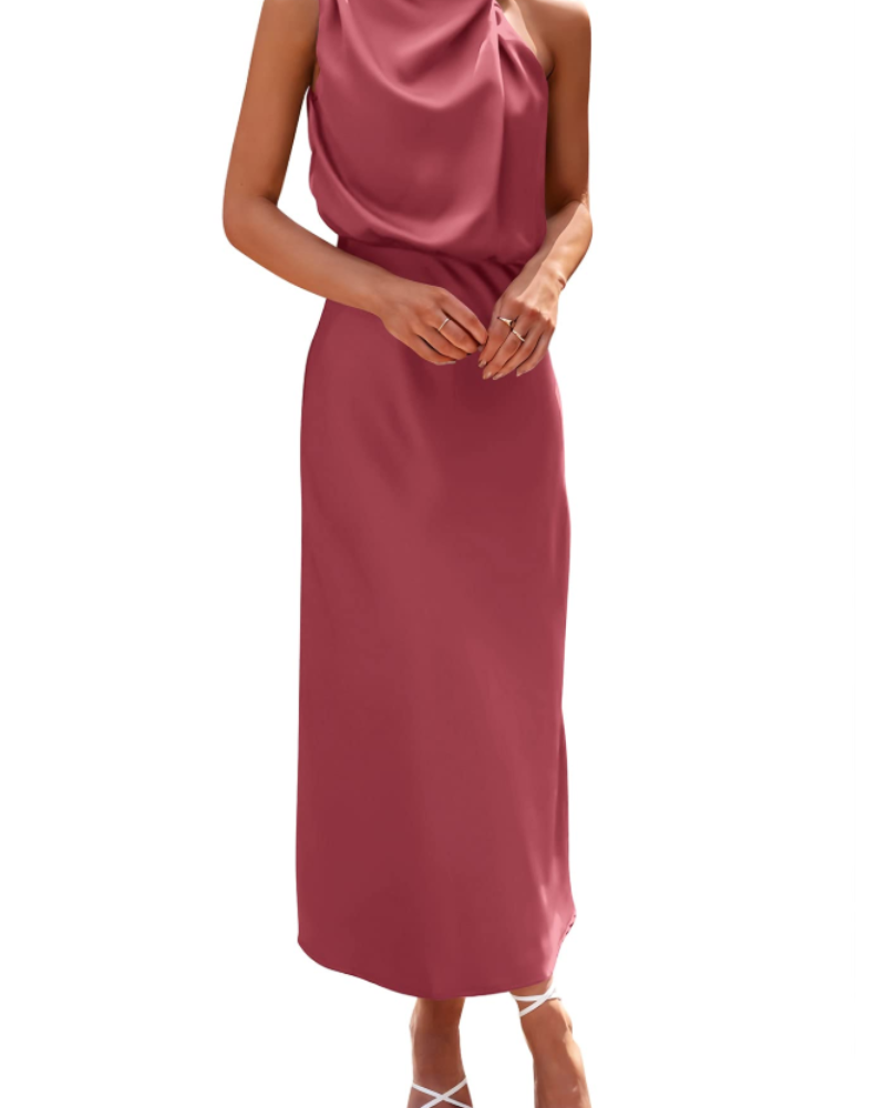 Vestido Zena para Mujer – Vestido Maxi Satinado con Cuello Alto, Corte Fluido Elegante para Noche