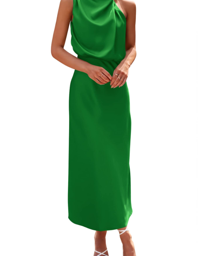 Vestido Zena para Mujer – Vestido Maxi Satinado con Cuello Alto, Corte Fluido Elegante para Noche