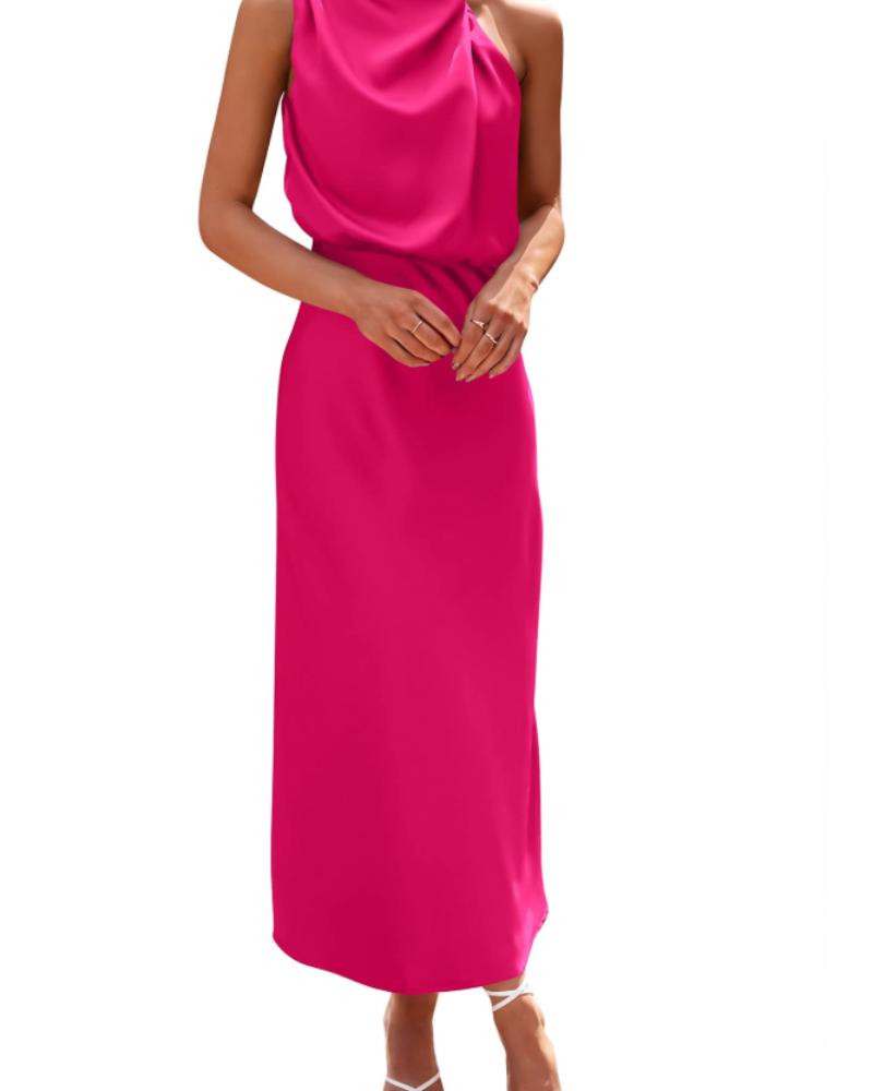 Vestido Zena para Mujer – Vestido Maxi Satinado con Cuello Alto, Corte Fluido Elegante para Noche