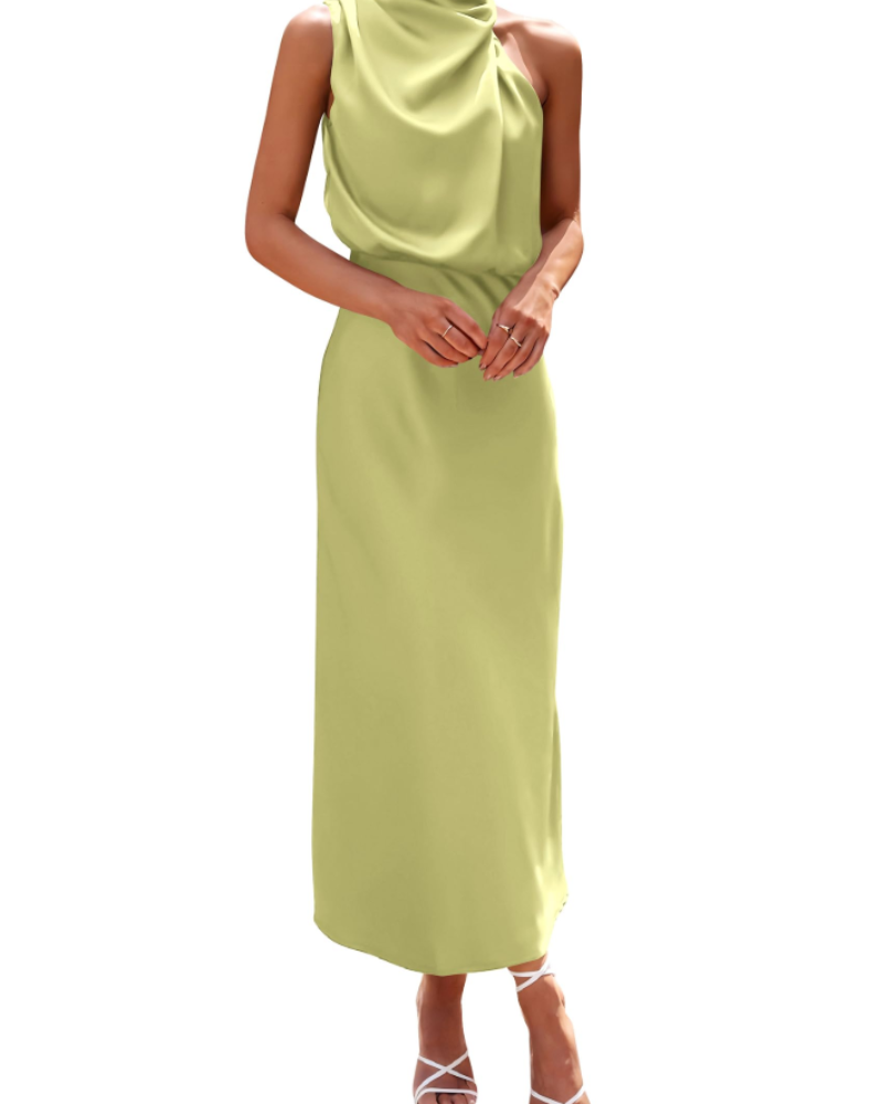 Vestido Zena para Mujer – Vestido Maxi Satinado con Cuello Alto, Corte Fluido Elegante para Noche