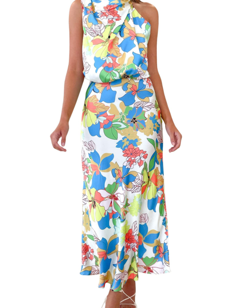 Vestido Zena para Mujer – Vestido Maxi Satinado con Cuello Alto, Corte Fluido Elegante para Noche