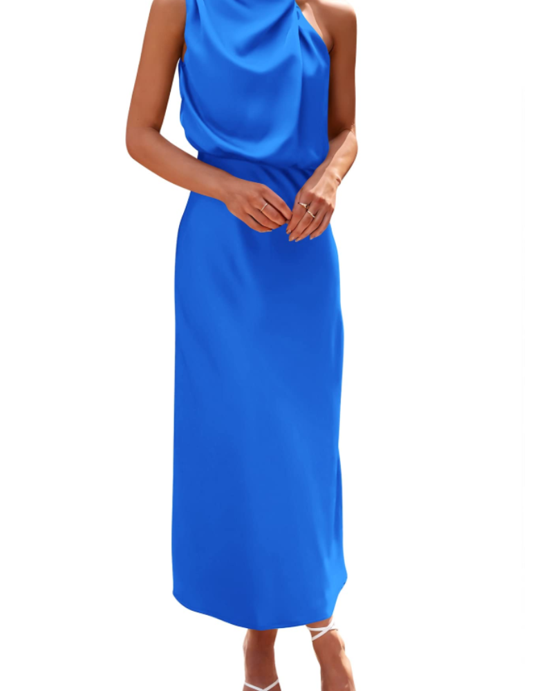 Vestido Zena para Mujer – Vestido Maxi Satinado con Cuello Alto, Corte Fluido Elegante para Noche