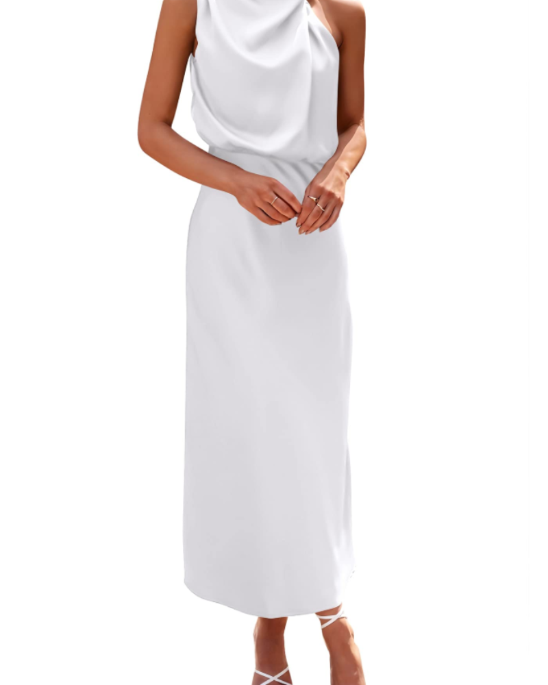 Vestido Zena para Mujer – Vestido Maxi Satinado con Cuello Alto, Corte Fluido Elegante para Noche