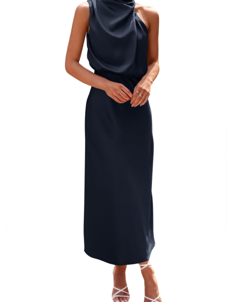 Vestido Zena para Mujer – Vestido Maxi Satinado con Cuello Alto, Corte Fluido Elegante para Noche