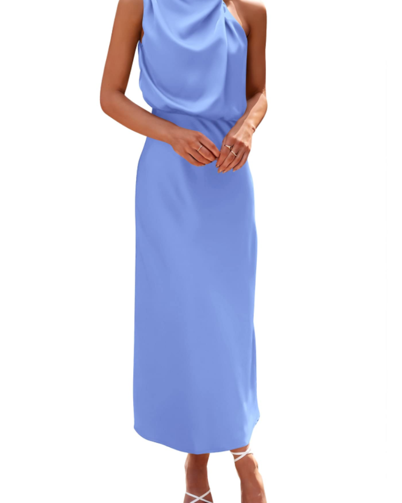 Vestido Zena para Mujer – Vestido Maxi Satinado con Cuello Alto, Corte Fluido Elegante para Noche