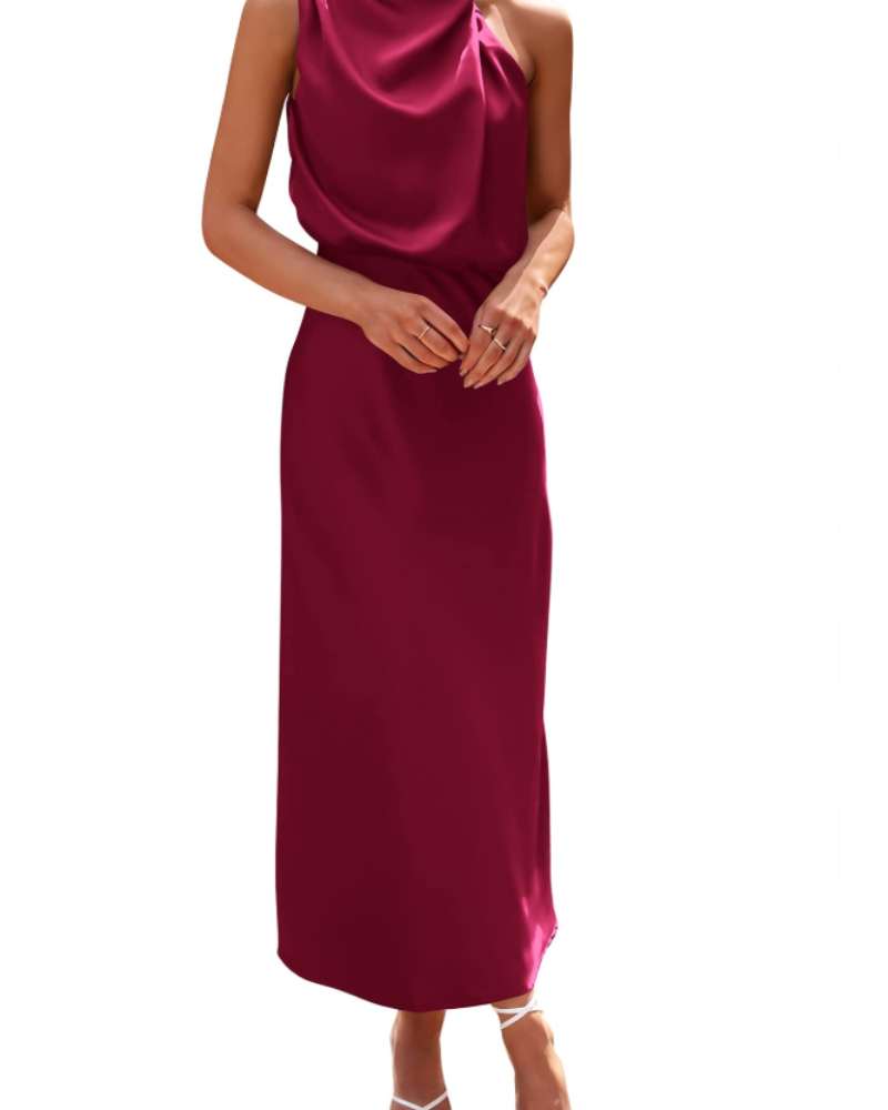 Vestido Zena para Mujer – Vestido Maxi Satinado con Cuello Alto, Corte Fluido Elegante para Noche