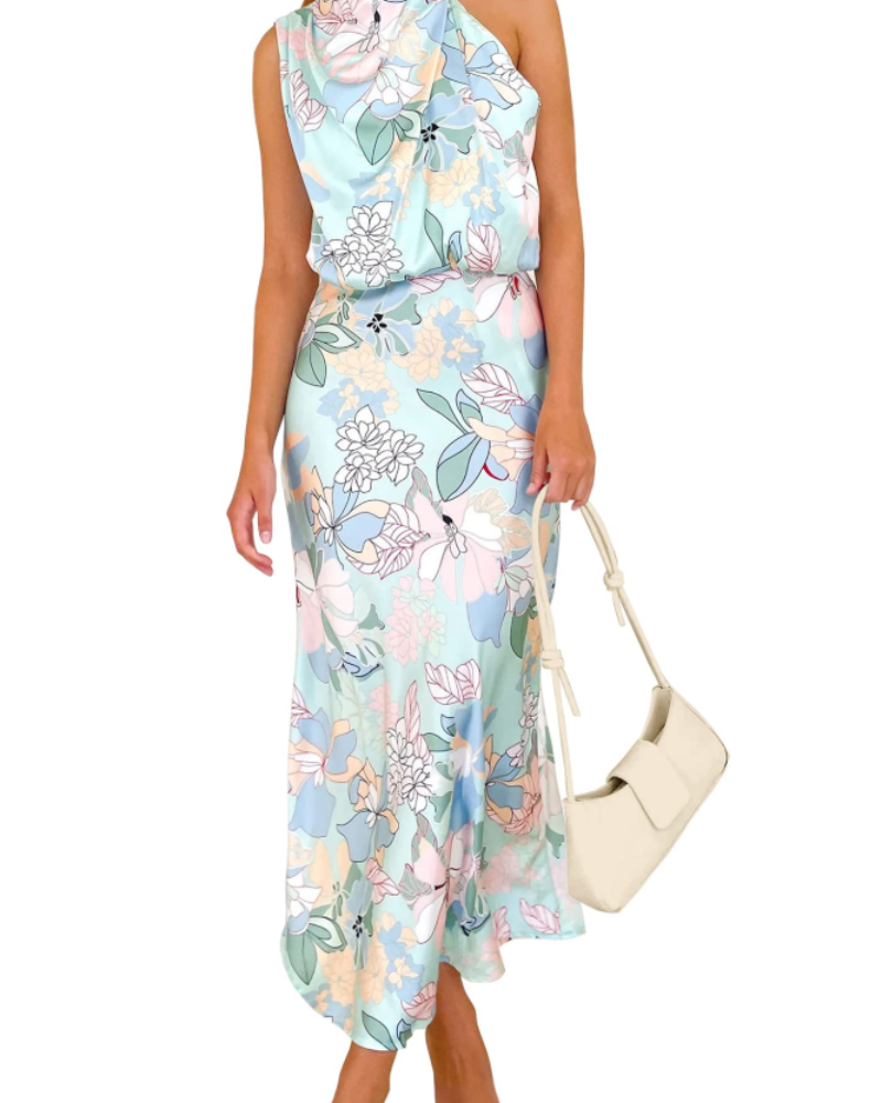 Vestido Zena para Mujer – Vestido Maxi Satinado con Cuello Alto, Corte Fluido Elegante para Noche