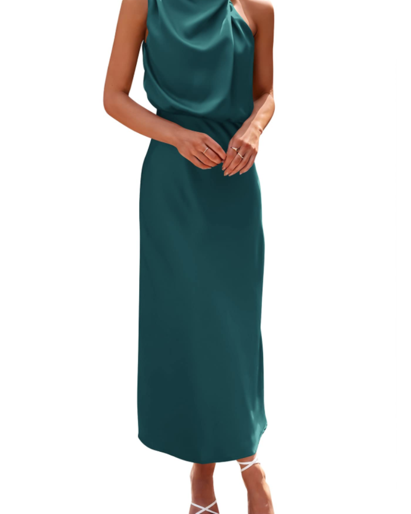 Vestido Zena para Mujer – Vestido Maxi Satinado con Cuello Alto, Corte Fluido Elegante para Noche