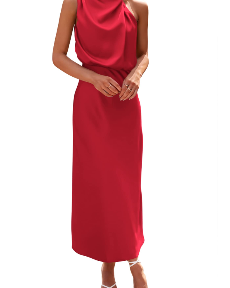Vestido Zena para Mujer – Vestido Maxi Satinado con Cuello Alto, Corte Fluido Elegante para Noche