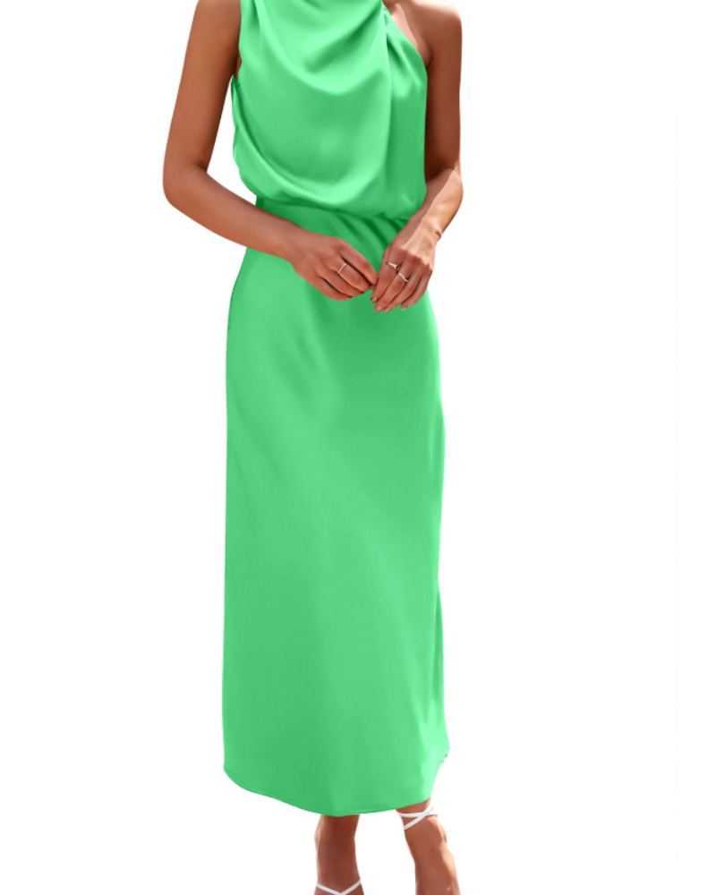 Vestido Zena para Mujer – Vestido Maxi Satinado con Cuello Alto, Corte Fluido Elegante para Noche
