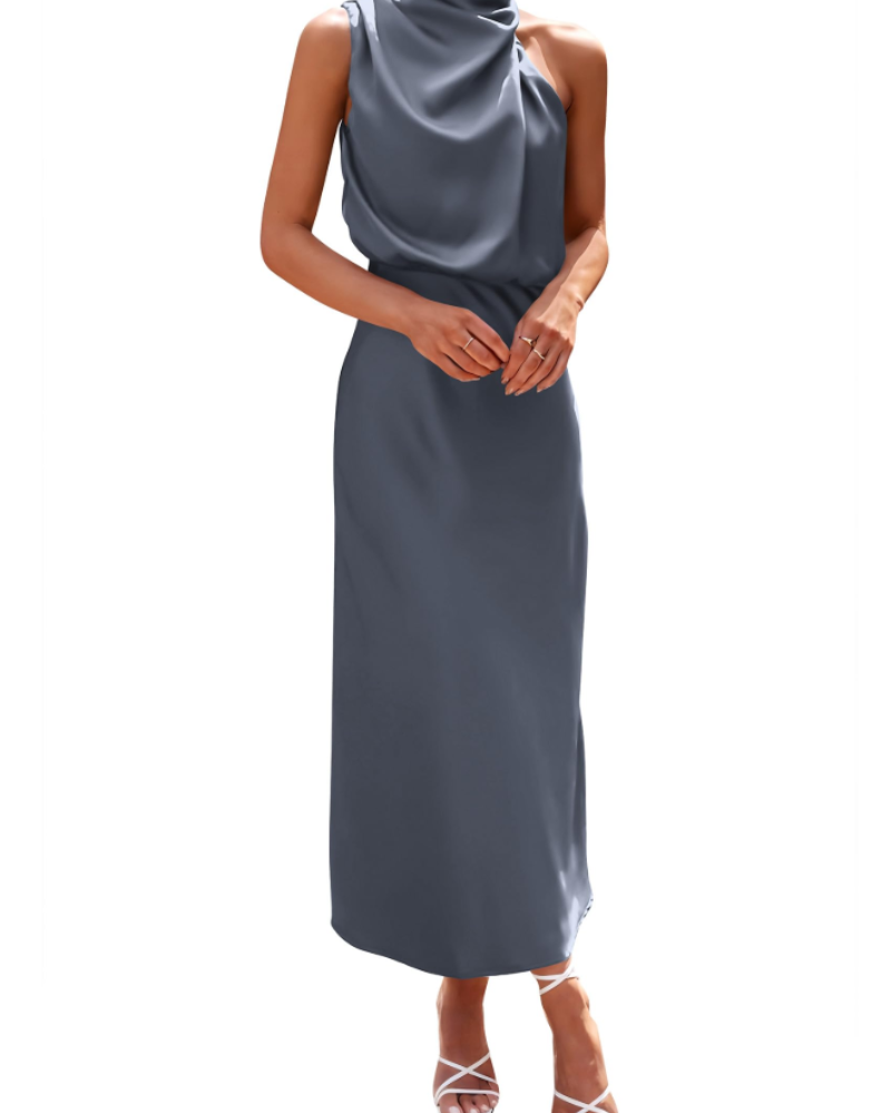 Vestido Zena para Mujer – Vestido Maxi Satinado con Cuello Alto, Corte Fluido Elegante para Noche