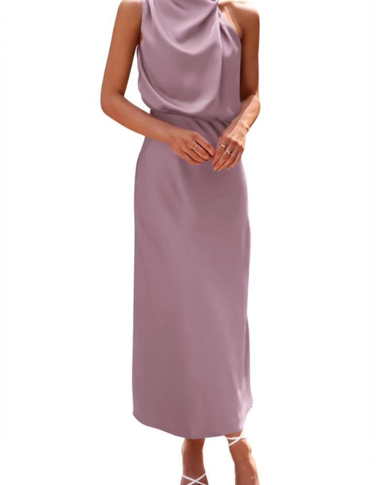 Vestido Zena para Mujer – Vestido Maxi Satinado con Cuello Alto, Corte Fluido Elegante para Noche