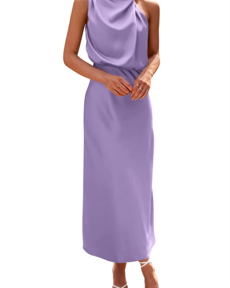 Vestido Zena para Mujer – Vestido Maxi Satinado con Cuello Alto, Corte Fluido Elegante para Noche