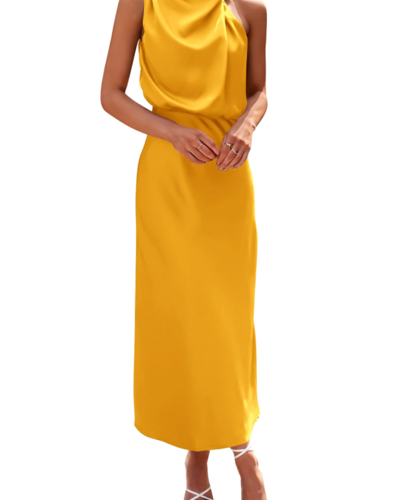 Vestido Zena para Mujer – Vestido Maxi Satinado con Cuello Alto, Corte Fluido Elegante para Noche