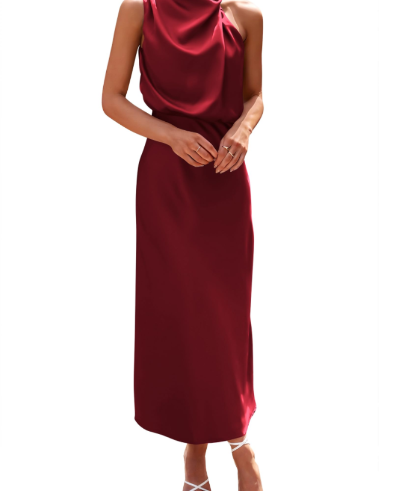 Vestido Zena para Mujer – Vestido Maxi Satinado con Cuello Alto, Corte Fluido Elegante para Noche