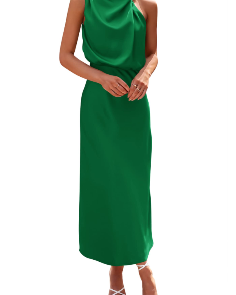 Vestido Zena para Mujer – Vestido Maxi Satinado con Cuello Alto, Corte Fluido Elegante para Noche