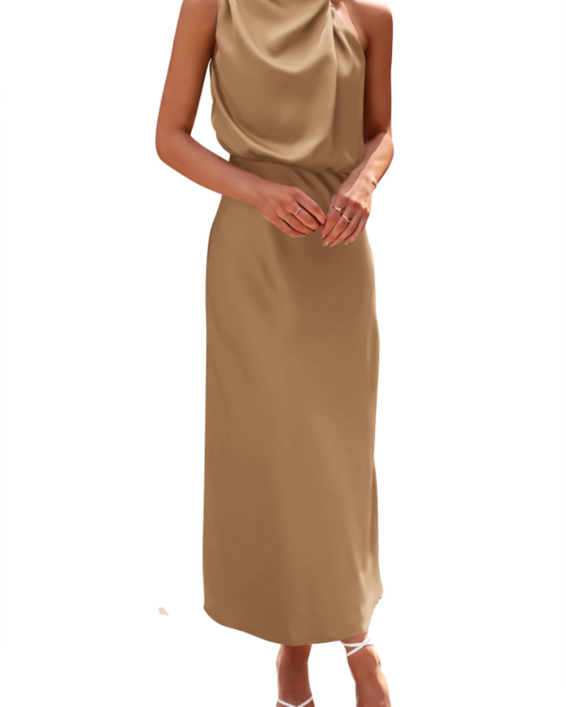 Vestido Zena para Mujer – Vestido Maxi Satinado con Cuello Alto, Corte Fluido Elegante para Noche