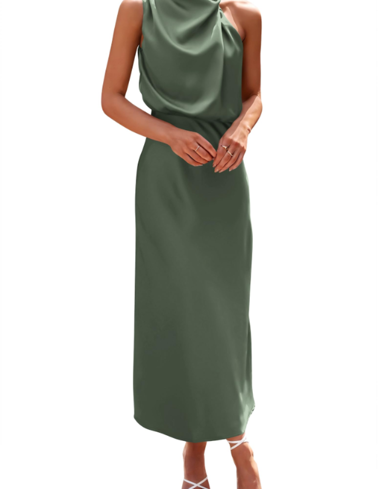 Vestido Zena para Mujer – Vestido Maxi Satinado con Cuello Alto, Corte Fluido Elegante para Noche