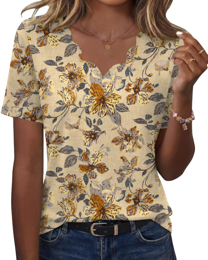 Ziva Top Femme – Bluzka z falowanym dekoltem w serek, elegancki, luźny krój i casualowy, szykowny styl