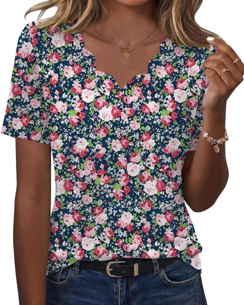 Ziva Top Femme – Bluzka z falowanym dekoltem w serek, elegancki, luźny krój i casualowy, szykowny styl