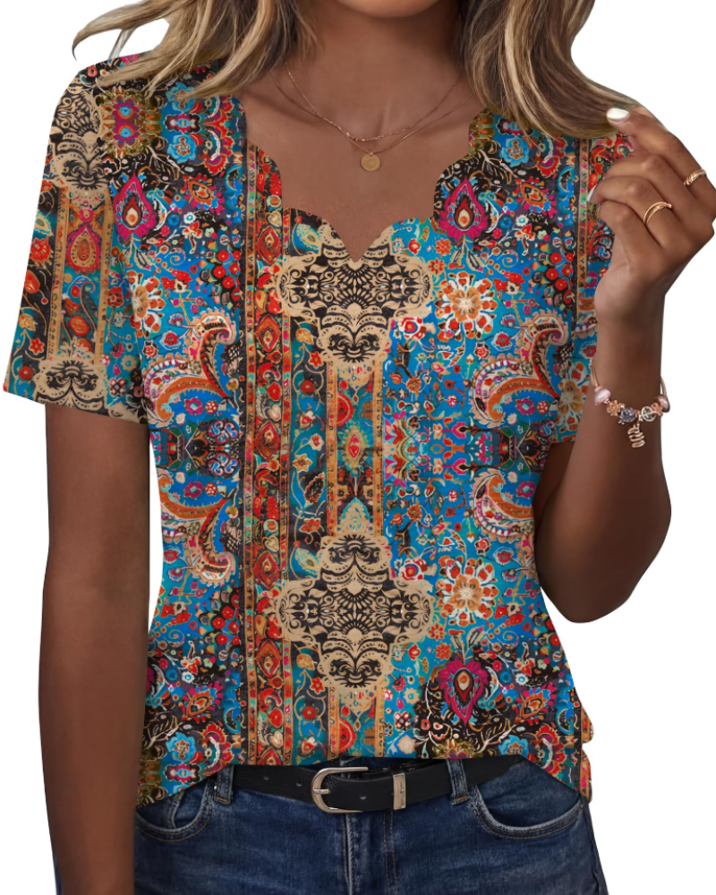 Ziva Top Femme – Bluzka z falowanym dekoltem w serek, elegancki, luźny krój i casualowy, szykowny styl