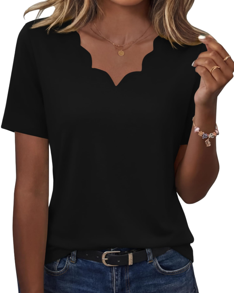 Ziva Top Femme – Bluzka z falowanym dekoltem w serek, elegancki, luźny krój i casualowy, szykowny styl