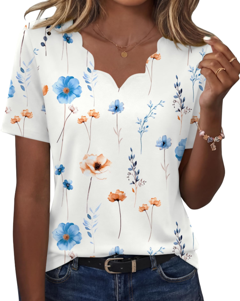 Ziva Top Femme – Bluzka z falowanym dekoltem w serek, elegancki, luźny krój i casualowy, szykowny styl
