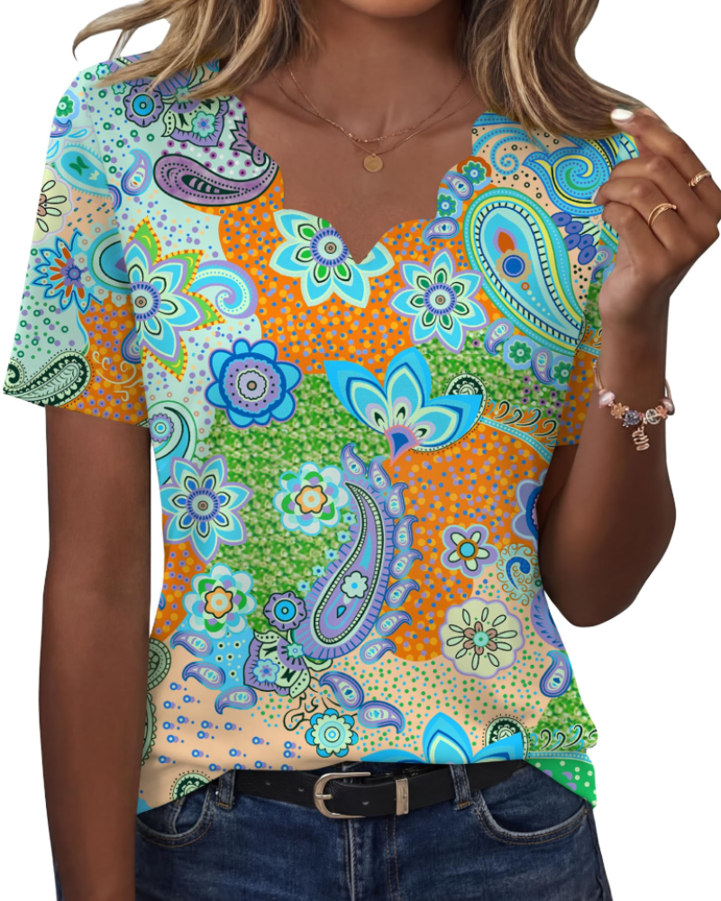 Ziva Top Femme – Bluzka z falowanym dekoltem w serek, elegancki, luźny krój i casualowy, szykowny styl