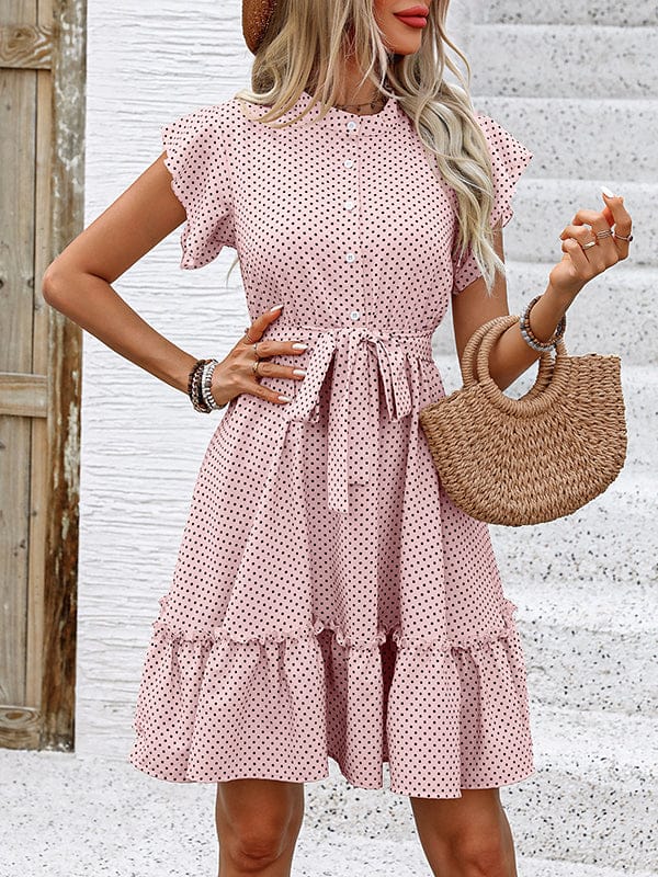 Éliane Robe Mini Femme – Robe Trapèze Ceinturée à Volants Coupe Fluide Décontractée Été