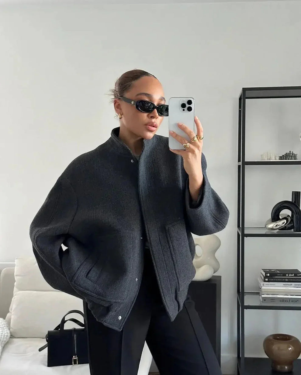 Norlyn Bomber Oversize Mujer – Chaqueta de Moda con Cuello Alto, Cierre Oculto y Corte Amplio