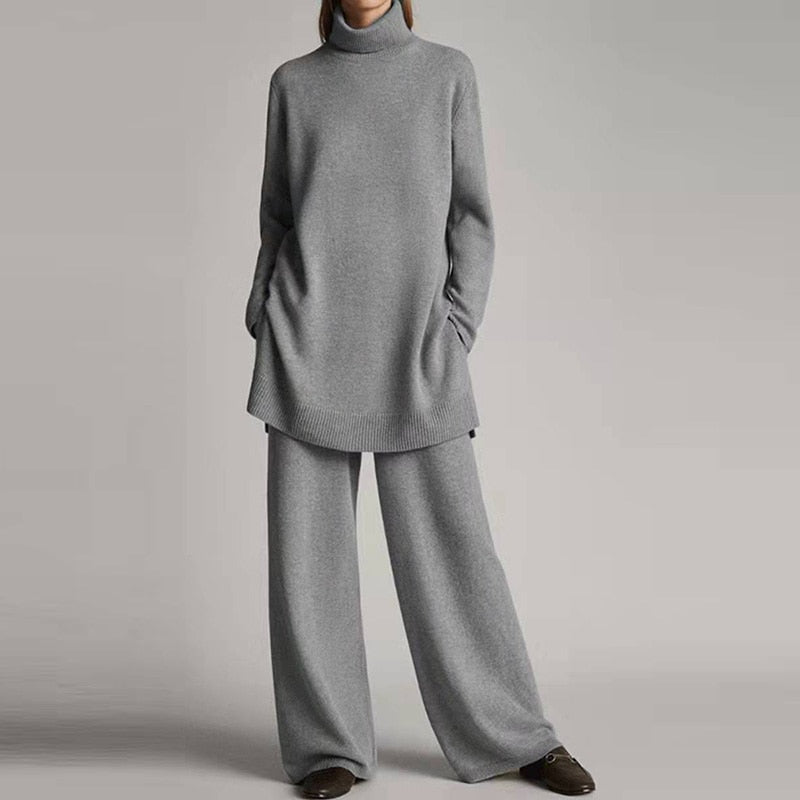 Emora Set Tricot Femei – Guler Înalt Moale & Pantaloni Largi cu Croială Lejeră