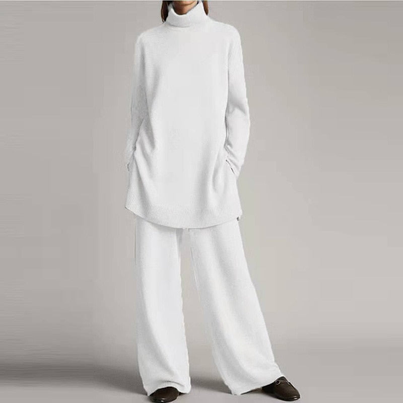 Emora Set Tricot Femei – Guler Înalt Moale & Pantaloni Largi cu Croială Lejeră