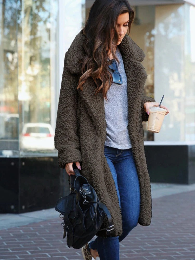 Mila Manteau Teddy Femme Long Oversize – Manteau d’Hiver Doux avec Col Revers Élégant