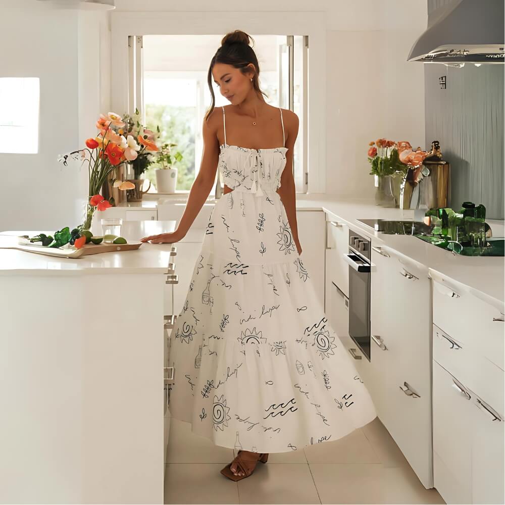 Astrée Midikleid für Damen – bedrucktes Kleid mit schmalen Trägern, elegant fließender Schnitt, Sommer
