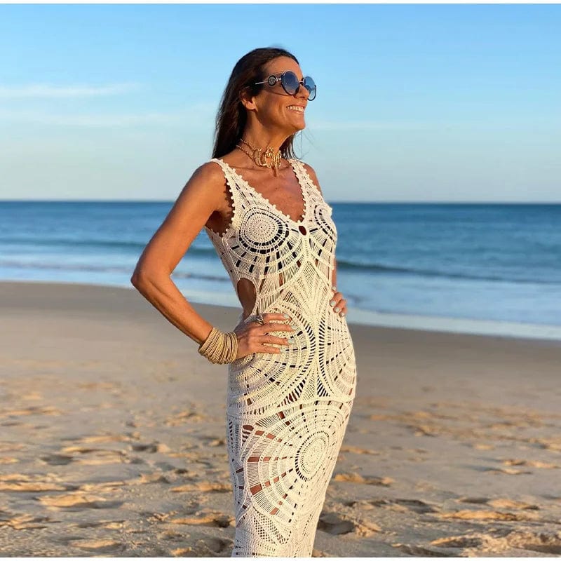 Maïwen Robe de Plage Femme – Robe Longue Crochet Beige avec Col V et Découpes