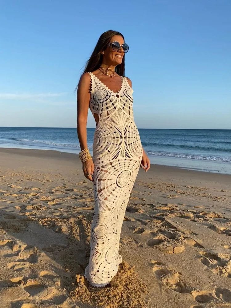 Maïwen Robe de Plage Femme – Robe Longue Crochet Beige avec Col V et Découpes