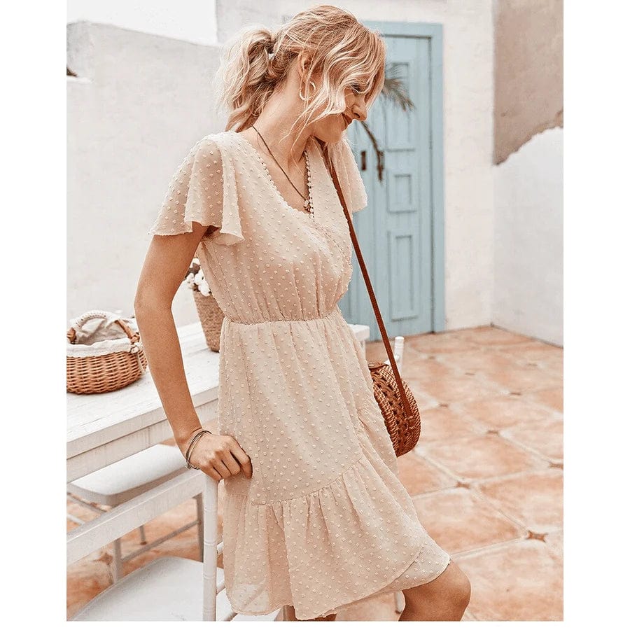 Éléonise Kurzes Damenkleid – Beiges Boho-Kleid mit V-Ausschnitt und Volantärmeln